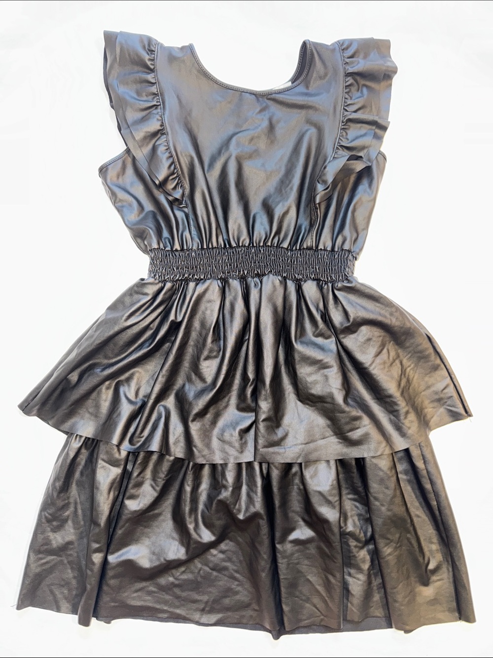 Girls Black Faux Leather Ruffle Tiered Dress Tru Luv Size 12